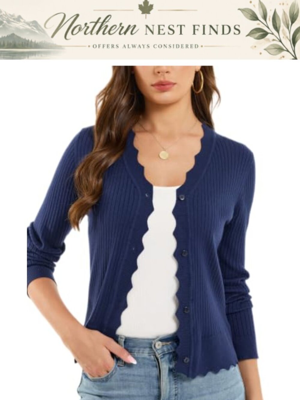 Scalloped V Neck Button Down Ribbed Knit Cardigan